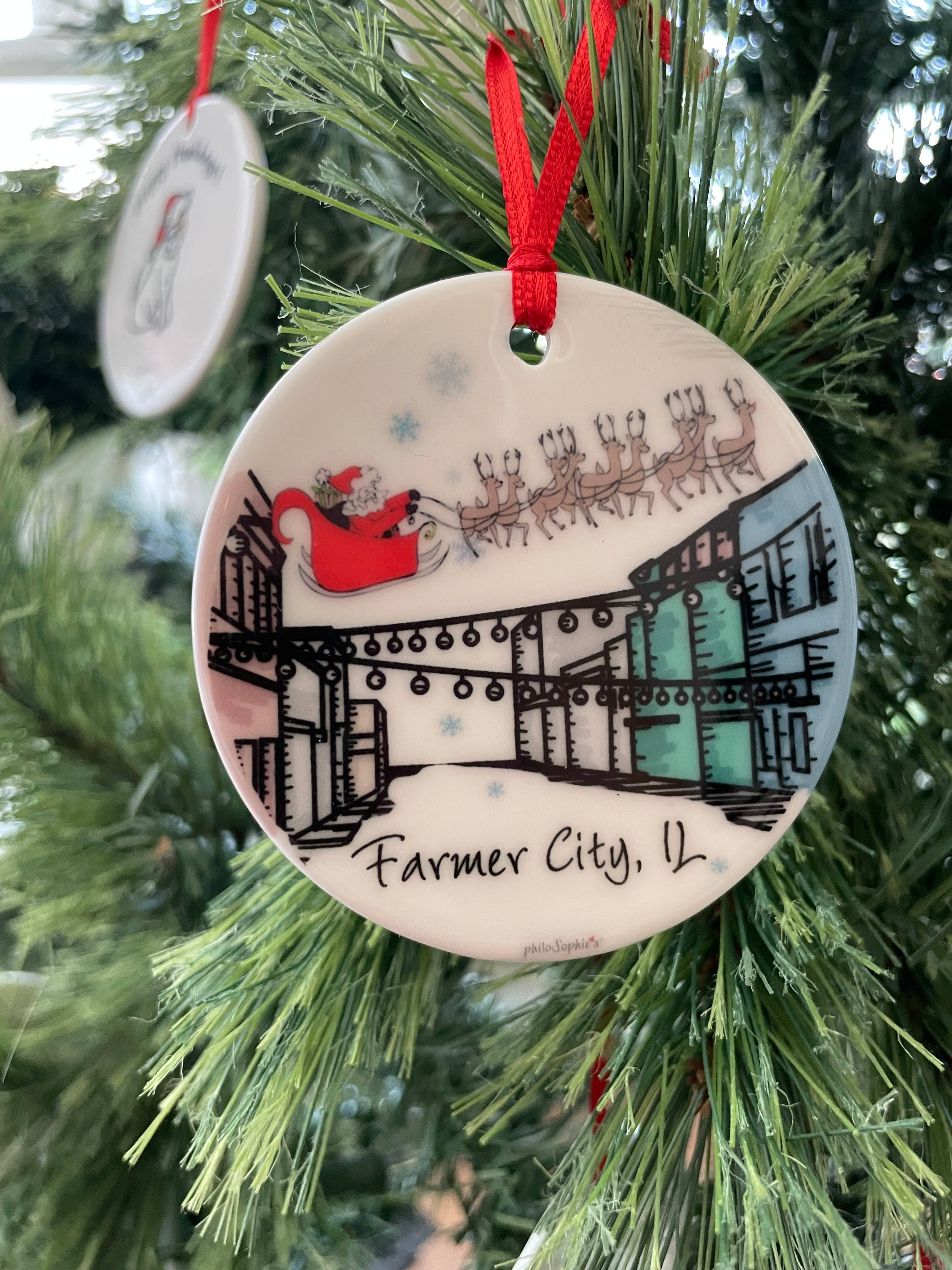 philoSophie's Stationery & Gifts - Wholesale Ornament - Santa in Sleigh over the City Christmas Ornament, Town Scene2