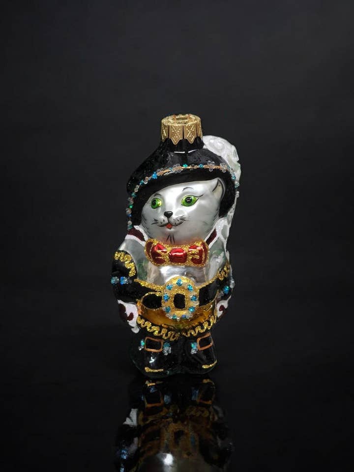 Cat Ornament - Hand Made In Ukraine - Blown Glass Ornament - Hand Decorated - Keepsake Ornament - Cat N Hat - Musketeer - Figurative Ornament for wholesale by Glass by Iness