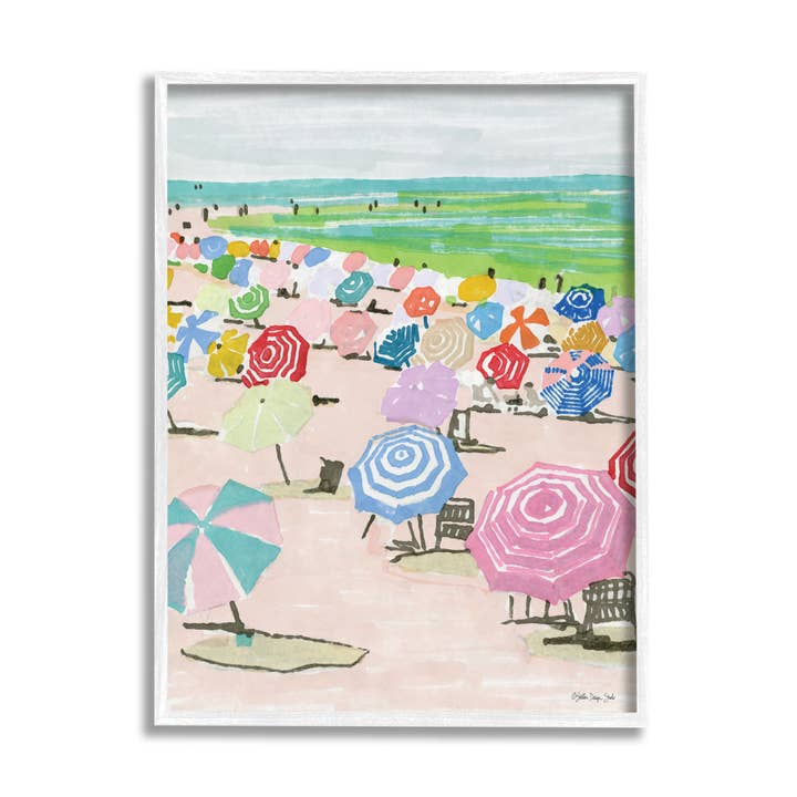 Stupell Industries - Wholesale Art Print - Pastel Umbrella Filled Beach Watercolor Landscape Framed
