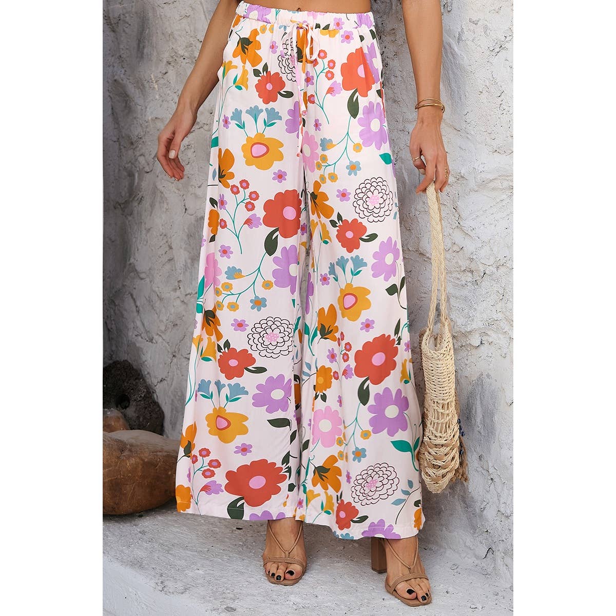 Elings - Wholesale Pants - Women's - Allover Print Drawstring Pockets Wide Leg Pants3