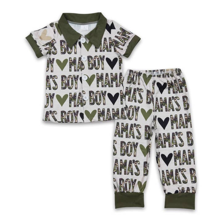 Mama's boy camo short sleeves pajamas kids boy clothes for wholesale by Yawoo Garments