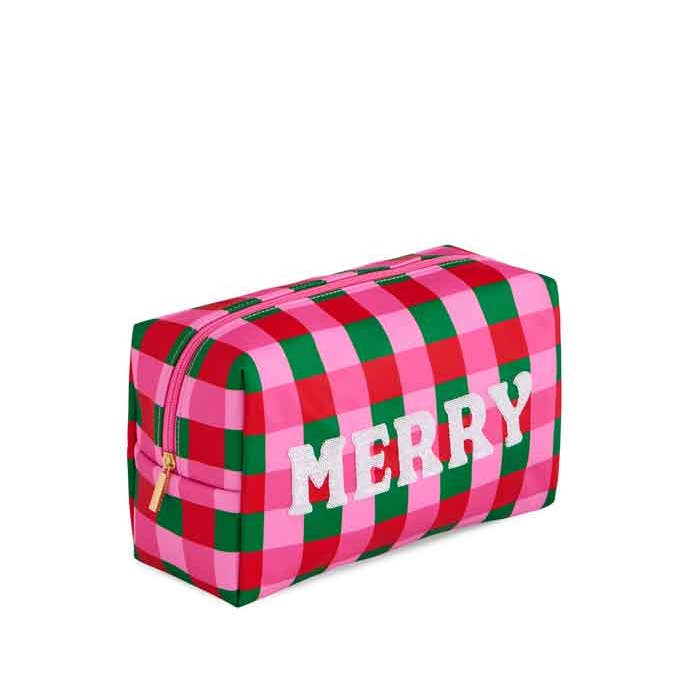 CARA CHECKERED "MERRY" ZIP POUCH,MULTI for wholesale by Shiraleah