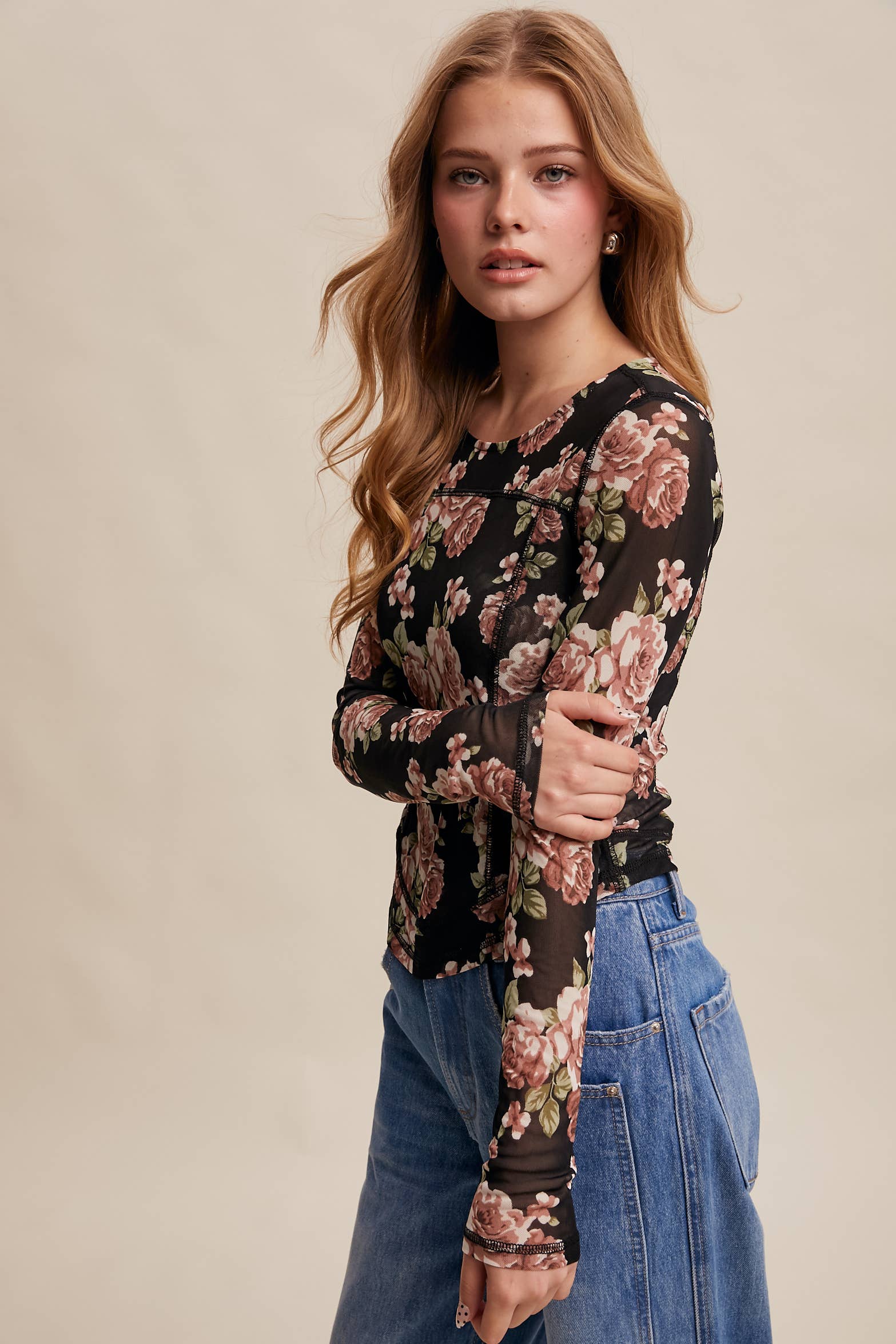 Listicle - Wholesale T-Shirt - Women's - Floral Mesh Long Sleeve Layering Top43