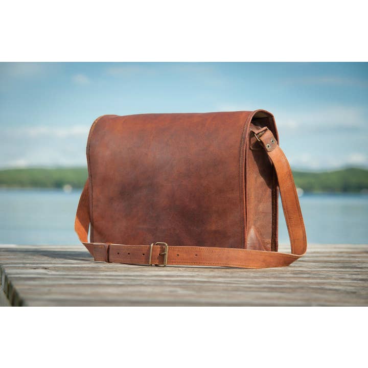 Handmade Brown Leather Crossbody Bag With Full Flap- Satchel for wholesale by Anuent
