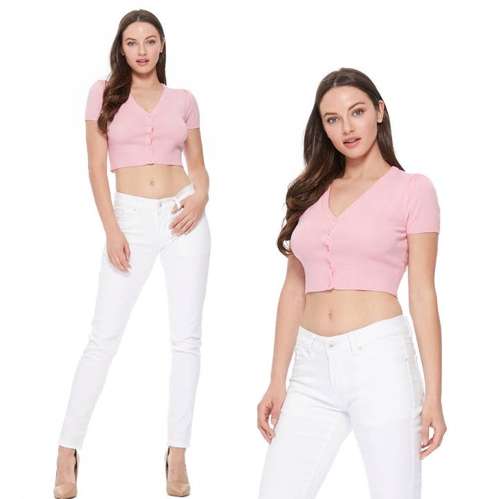 Short Sleeve V-Neck Cropped Plus Size Cardigan HB2137PL222 for wholesale by Mak