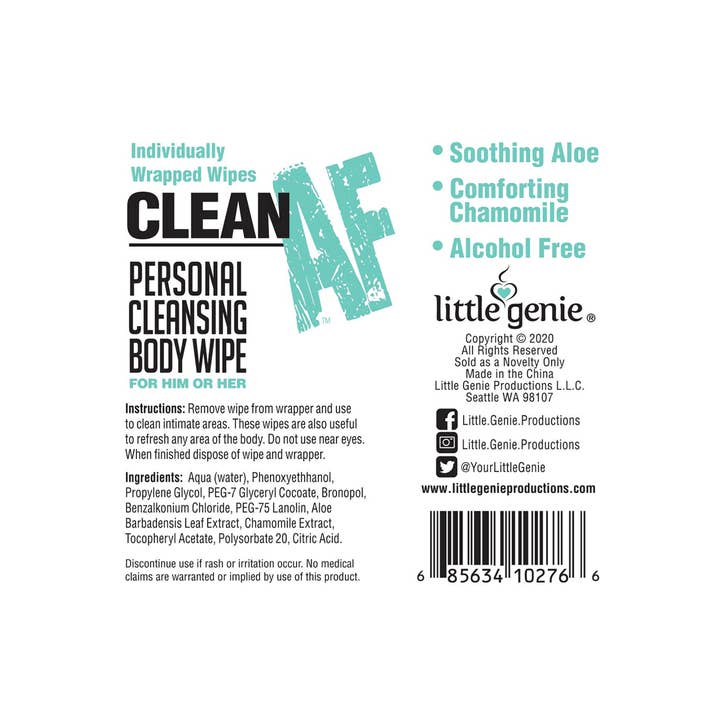 Little Genie Productions - Wholesale Face & Body Wipes - Clean AF Personal Cleansing Wipes - Display of 962