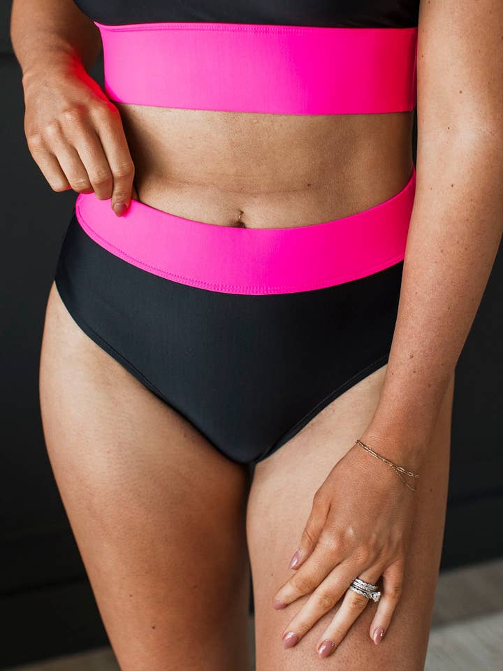 Ray Of Sunshine Swim Bottoms- Black & Neon Pink for wholesale by Mack and Mal