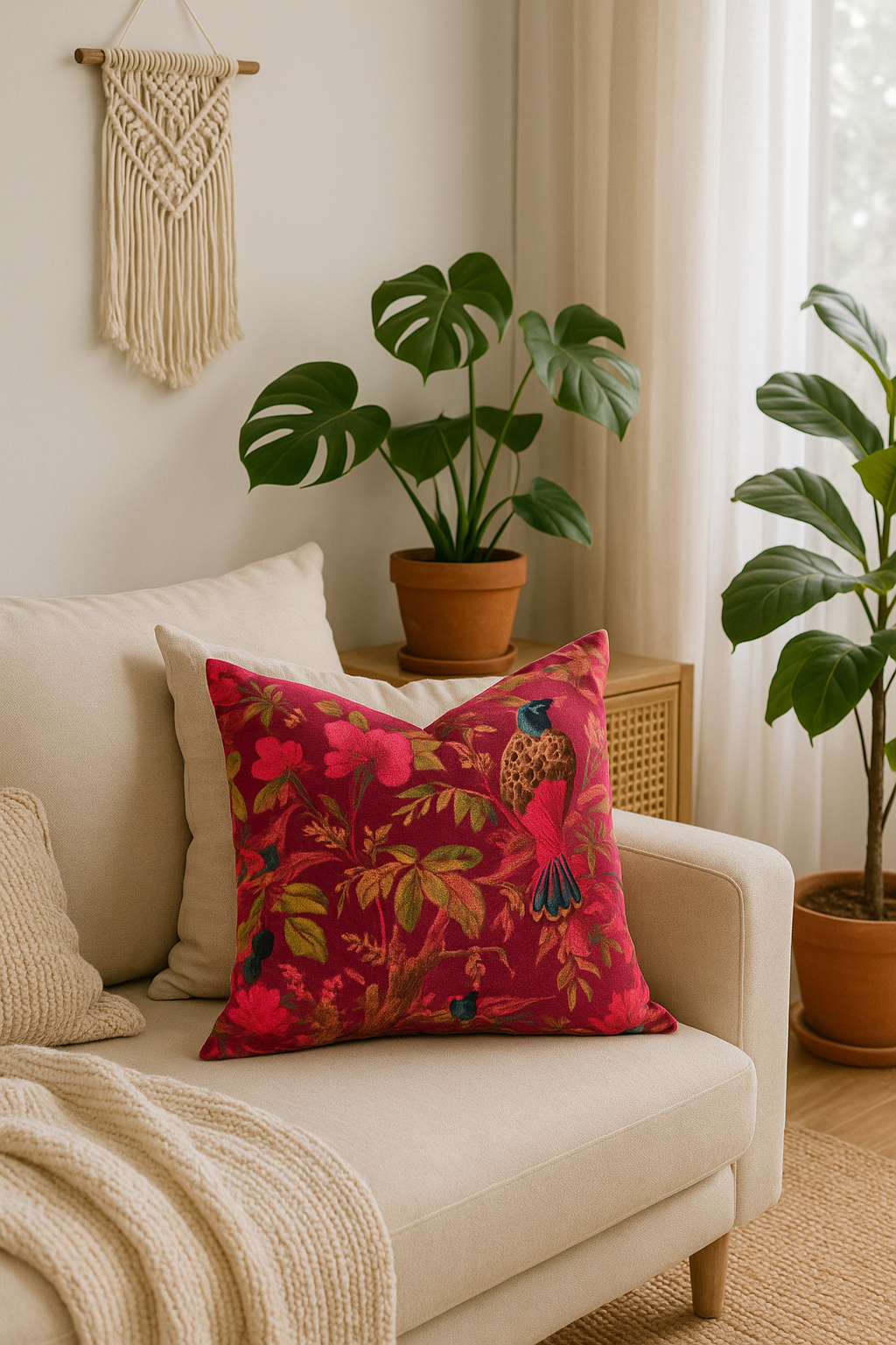 Glamthread - Wholesale Throw/decorative pillow - Maroon Velvet Cowhide Cushion with Bird Design2