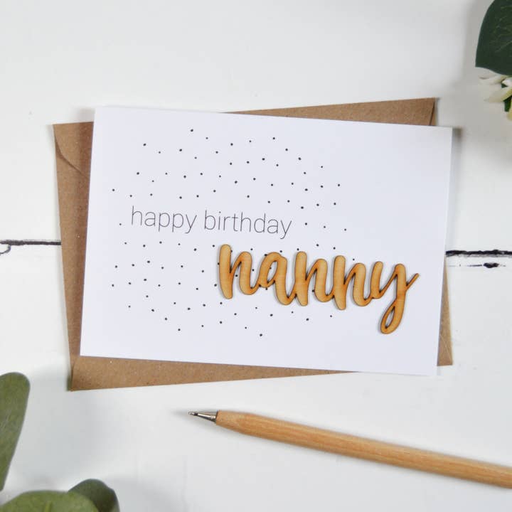 Altered Chic – wholesale Birthday card – Happy Birthday Nanny Wooden Words Card