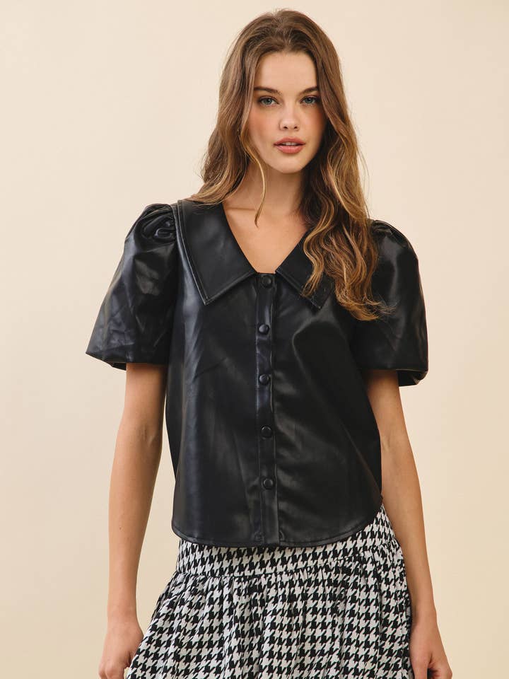 CT9454-Faux Leather Puff Sleeves Button Down Blouse for wholesale by TCEC