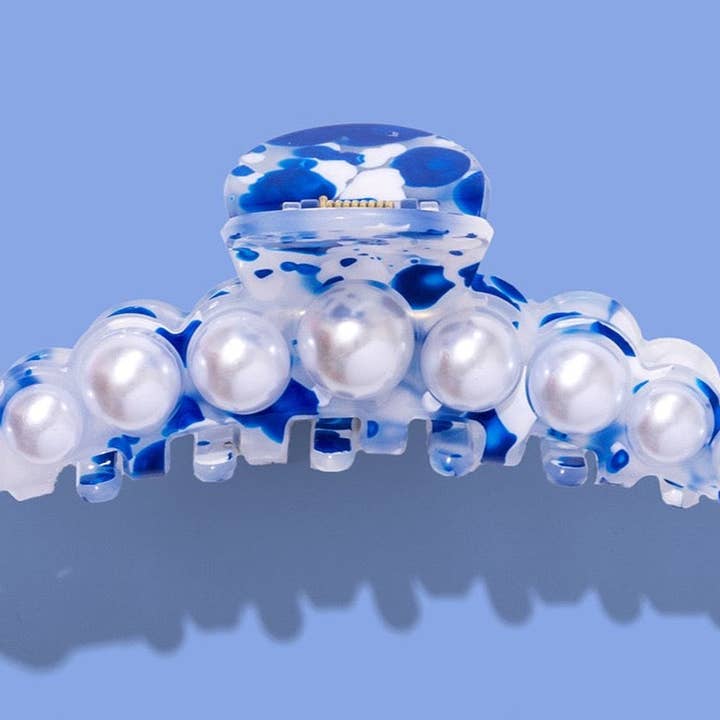 *EM SALDO* Gancho de Cabelo com Garra - Grande - Azul + Branco c/ Pérolas por atacado de Taylor Elliott Designs