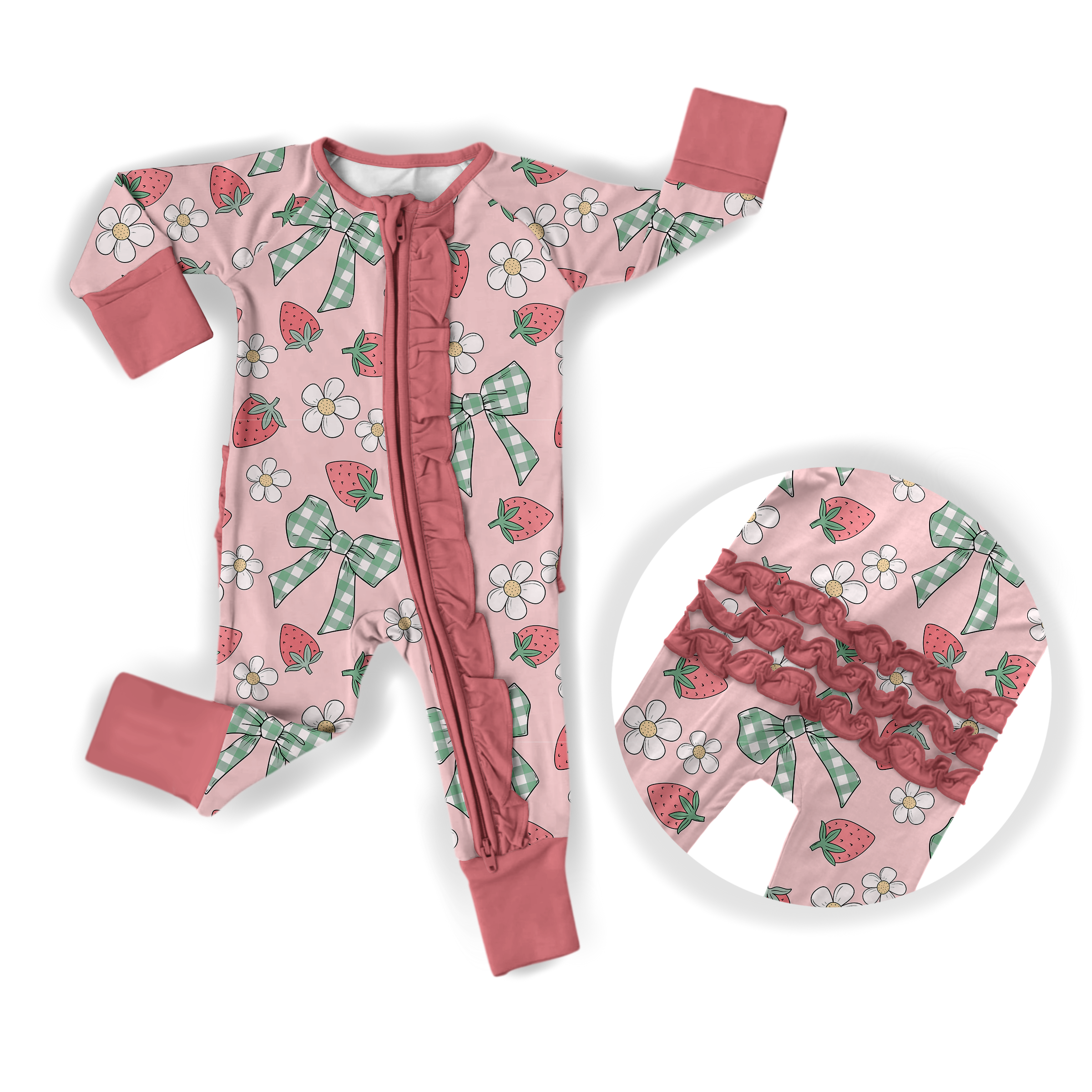 Tiny toes Baby Co – Macacão - Bebé por atacado – Babygrow de Folho de Morango de Bambu1
