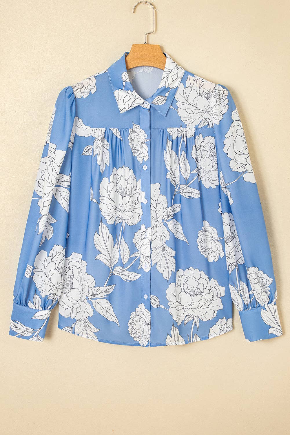 Sky Blue Floral Print Button Up Pleated Detail Puff Sleeve Shirt for wholesale on Faire2
