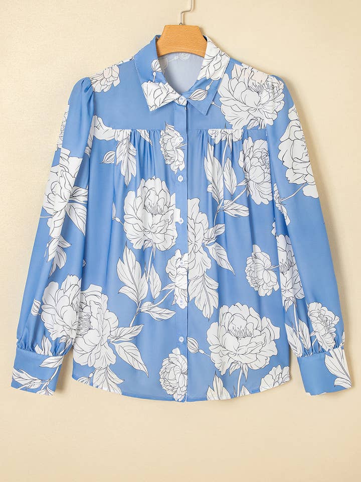 Sky Blue Floral Print Button Up Pleated Detail Puff Sleeve Shirt for wholesale on Faire2