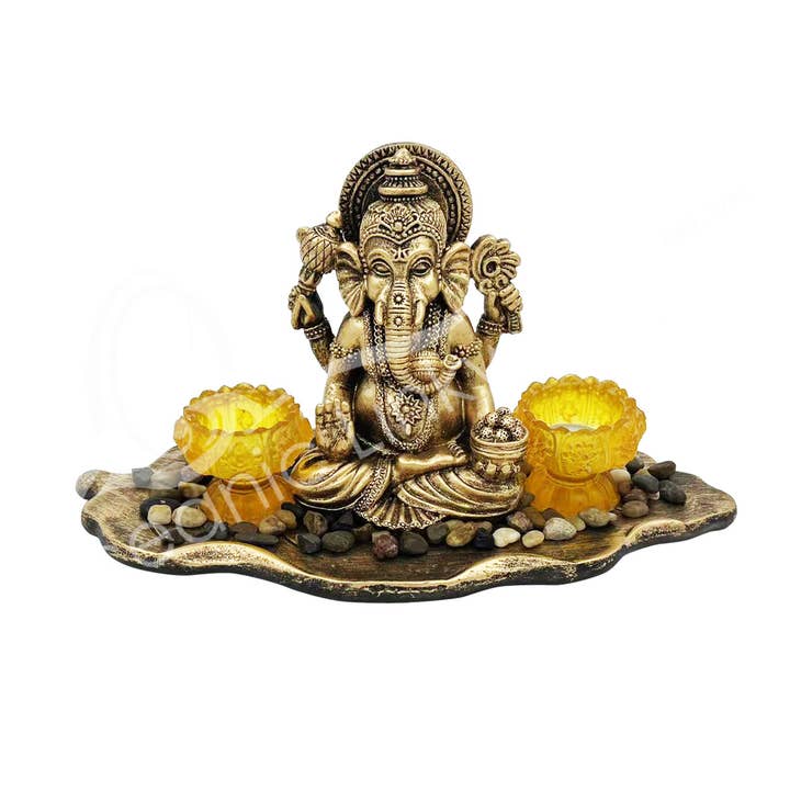 Oceanic Linkways Inc - Wholesale Candle Holder - TEALIGHT HOLDER - GANESHA ON LEAF 14.55"W X 6.30"D X 7"H0