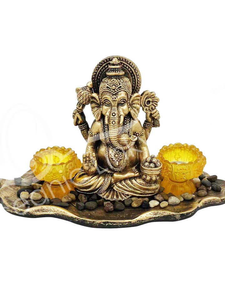 TEALIGHT HOLDER - GANESHA ON LEAF 14.55"W X 6.30"D X 7"H for wholesale by Oceanic Linkways Inc
