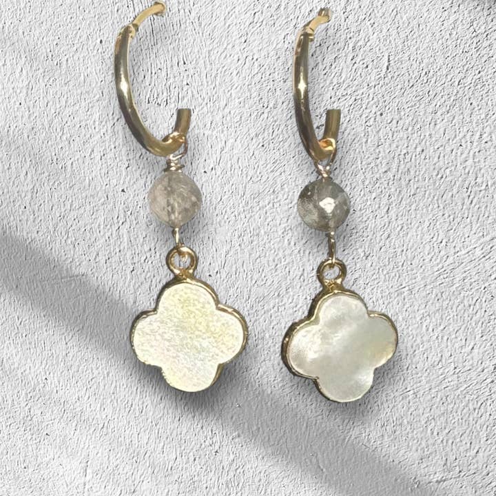 Mother of Pearl Clover Earrings on Gold Hoops for wholesale by Silver Sparrow Jewelry