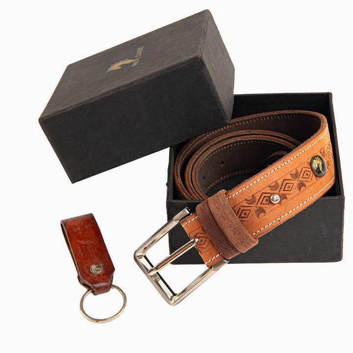 Handcrafted Tan Leather Belt with Stamped Pattern for wholesale by Pro Classic Global