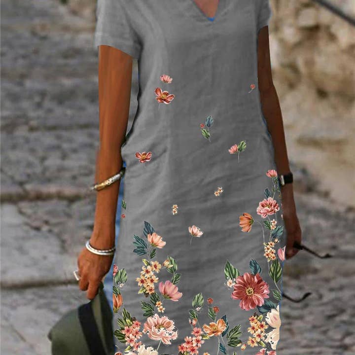 SALINA TRADING INC - Wholesale Dress - Women's - Women Casual Floral Printed Short-Sleeved V-Neck Dress1