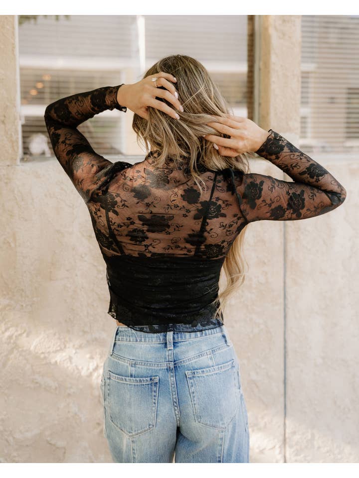 Black Mock Neck Floral Lace Mesh Long Sleeve Top - Black for wholesale on Faire6