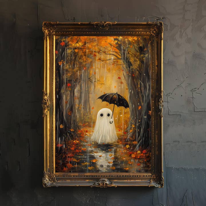 Autumn Ghost in Rain Art Print Cottagecore Spooky Season Decor Whimsical Halloween Wall Art for wholesale by InkNPrintz
