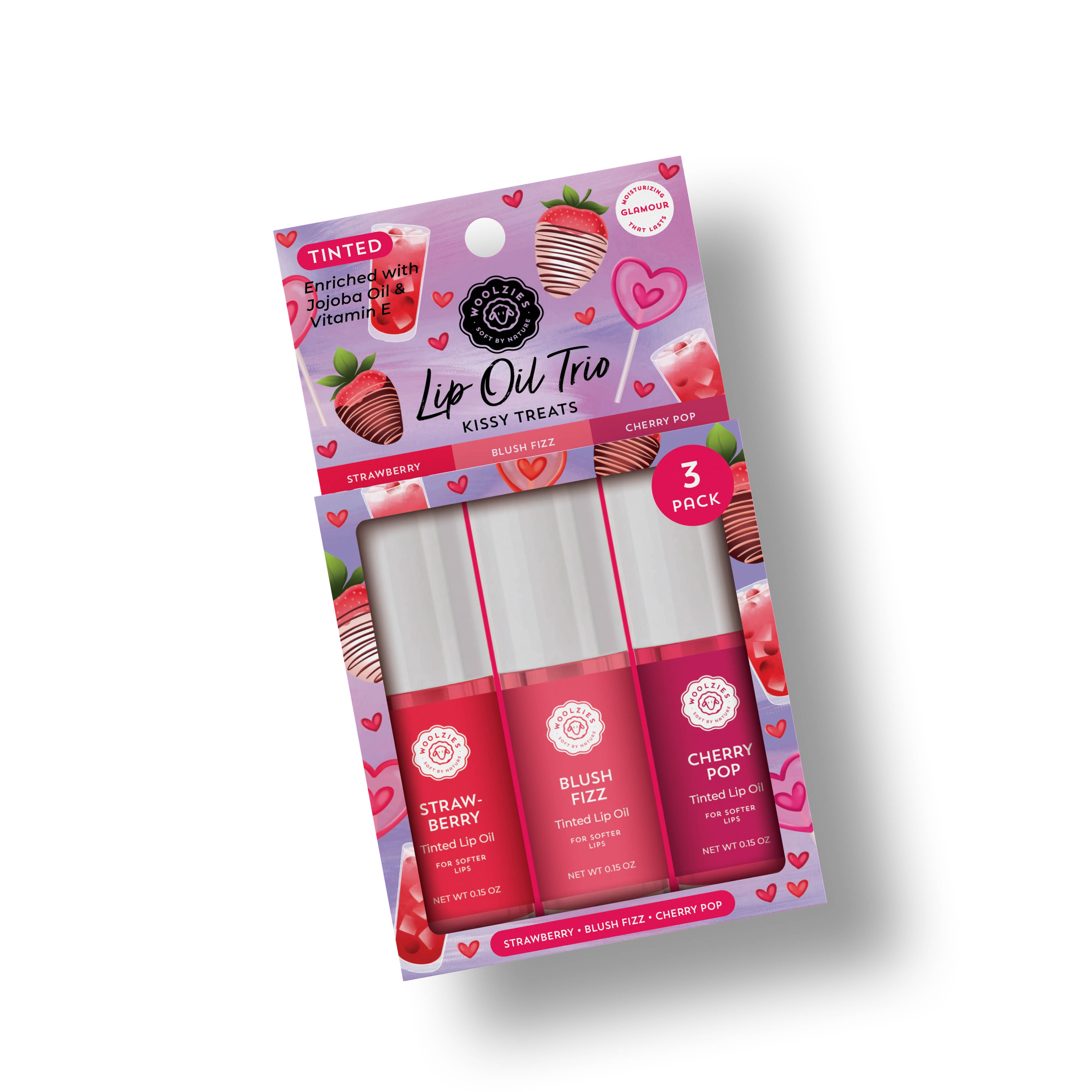 Woolzies - Wholesale Lip Gloss - Tinted Lip Oil Trio- KISSY TREATS - Strawberry, Blush Fizz..1