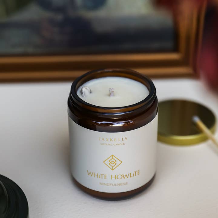JaxKelly Candles - Wholesale Jar/Filled Candle - 9oz Amber Crystal Candles - White Howlite - Mindfulness4