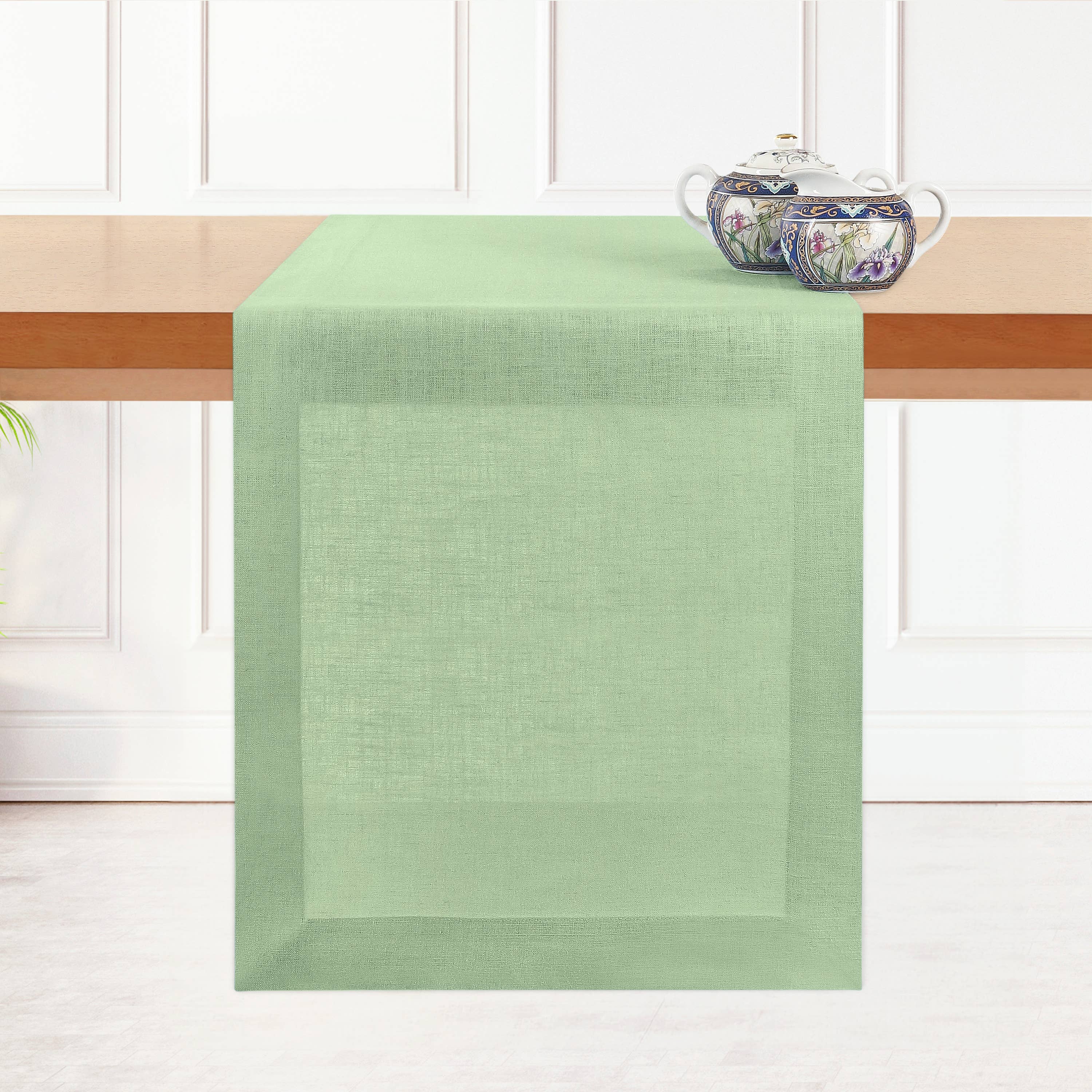 D'Moksha – wholesale Table runner – Sage Green Linen Table Runner - Mitered Corner1