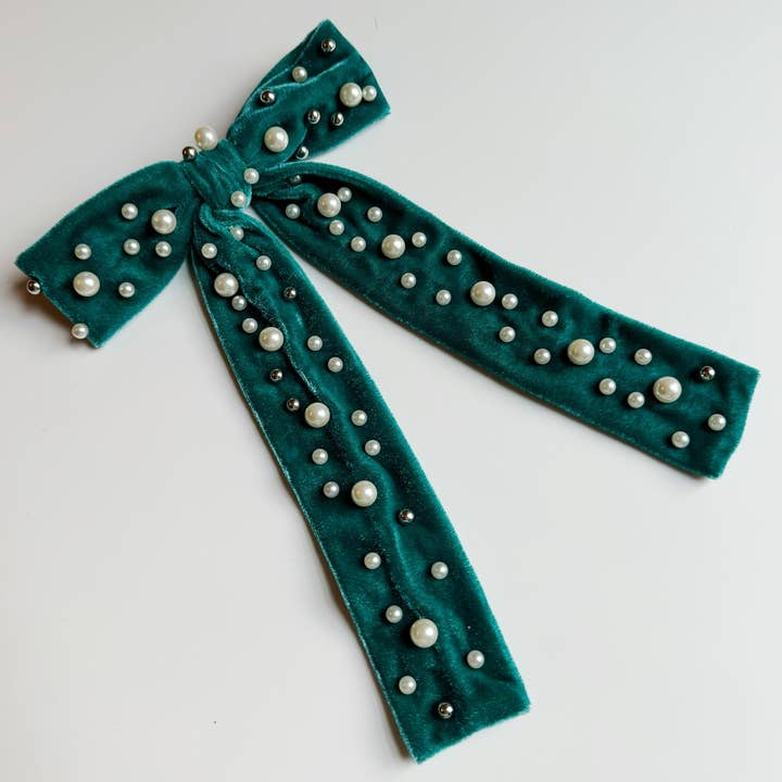 Ellison+Young - Wholesale Hair Clip - Women's - Pearl Throwed Velvet Bow Hair Clip