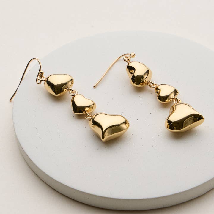 Gold Plated Triple Heart Drop Earrings - 18K Gold Plated for wholesale by Frem