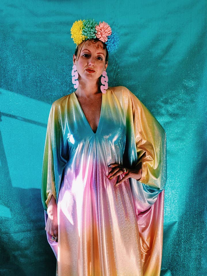 Fumbalinas - Wholesale Kaftan – Women's - Liquid Holographic Pastel Rainbow Studio 54 Maxi Kaftan Dress56