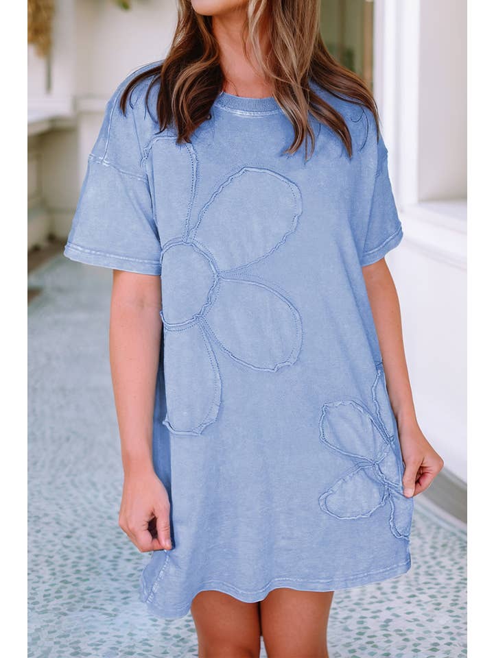 Little Daisy Closet - Wholesale Dress - Women's - LDC Mineral Wash Flower Patchwork Mini T Shirt Dress