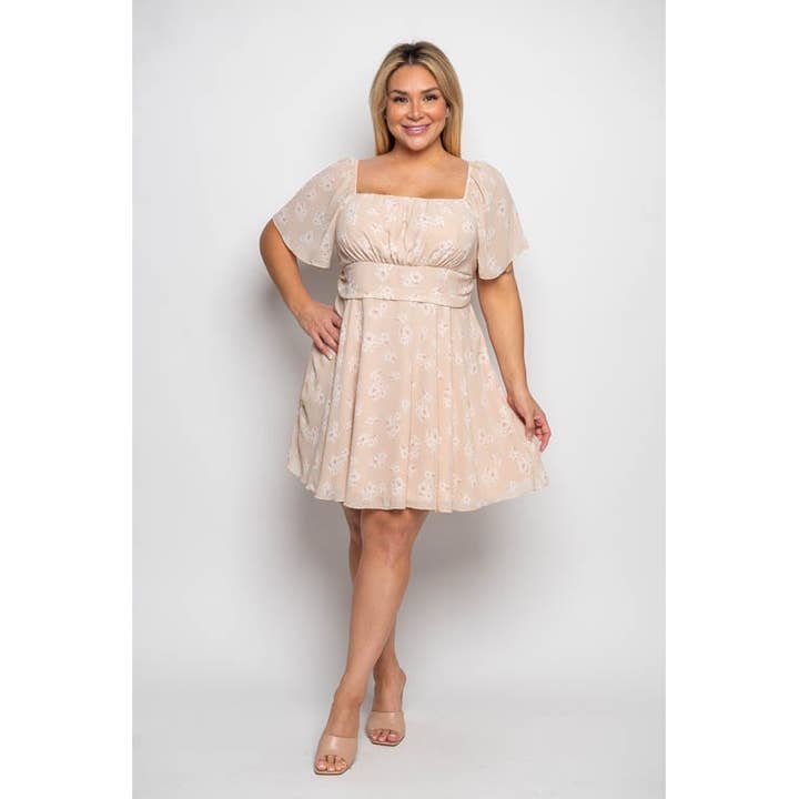 PLUS STORLEK BLOMMIG FYRKANTIG HALS FLADDRANDE ÄRM FLARE KLÄNNING för wholesale av Curve Market