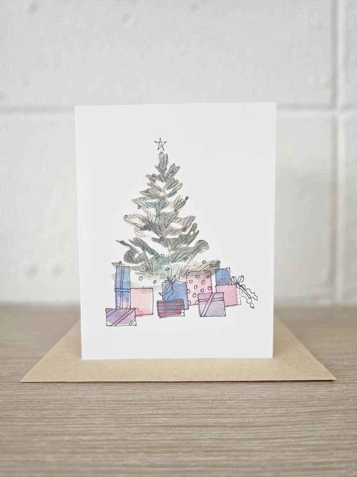 Christmas Tree with Gifts Greeting Card for wholesale by Covered With Art