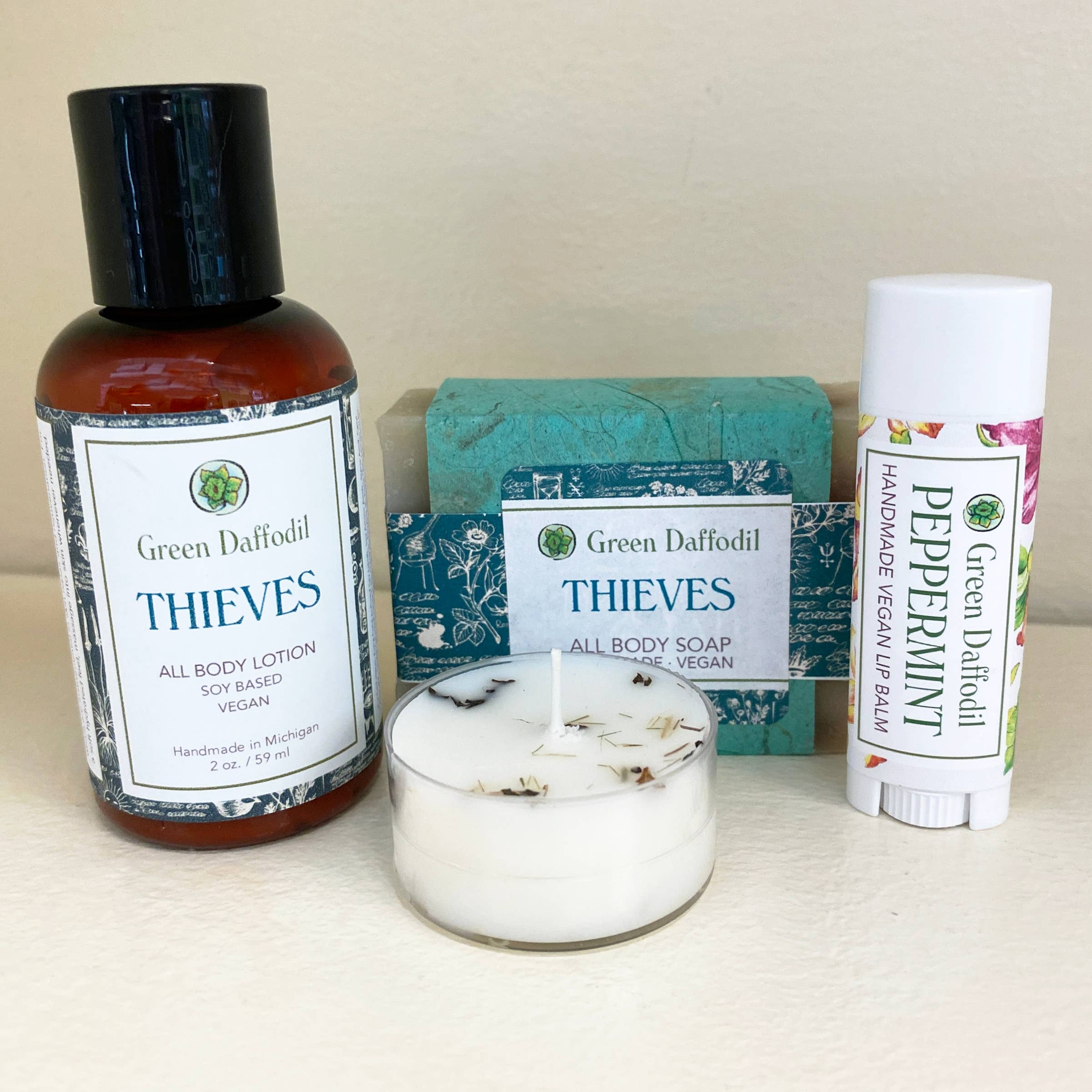 Green Daffodil Bath & Body - Wholesale Bath & Body Set - Thieves Organdy Quartet Gift Set - Essential Oil Blend2