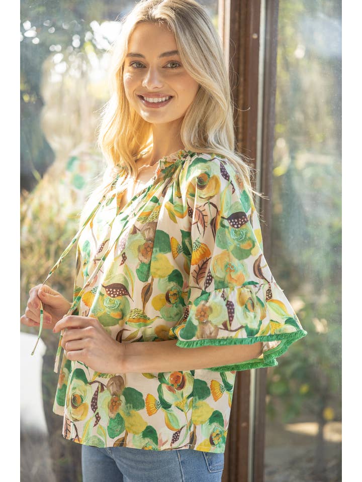 Green 35203 Fringe Detailed Loose Sleeve Floral Print Top for wholesale on Faire5