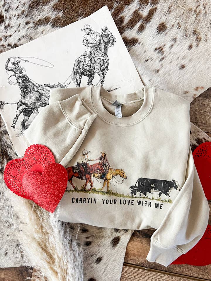 Carryin' Your Love With Me Valentines Tee or Sweatshirt (Adult)(Cream) for wholesale by The Fringed Pineapple