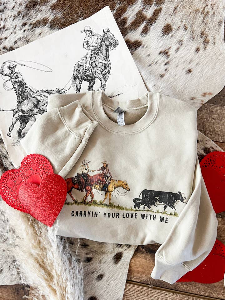 Carryin' Your Love With Me Valentines Tee or Sweatshirt (Adult)(Cream) for wholesale by Arrow F Apparel