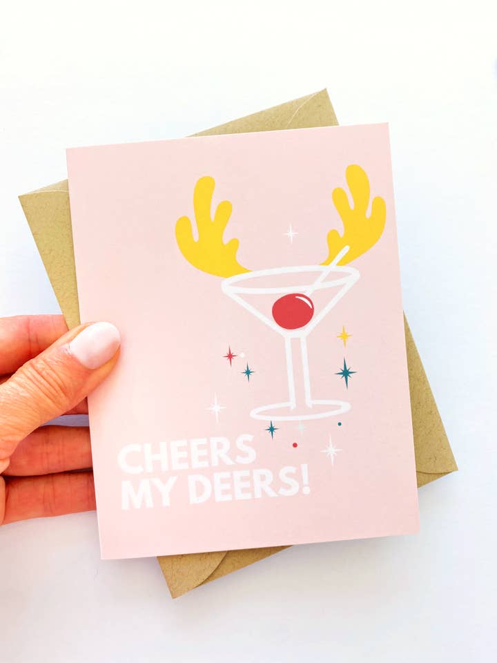 Cheers My Deers Cocktail Funny Holiday Greeting Card for wholesale by Five Dot Post