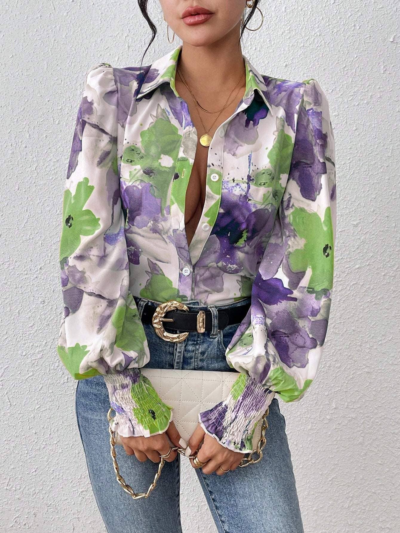 Fashion Combination - Wholesale Button Down Shirt - Women's - priv floral print lantern sleeve shirt23