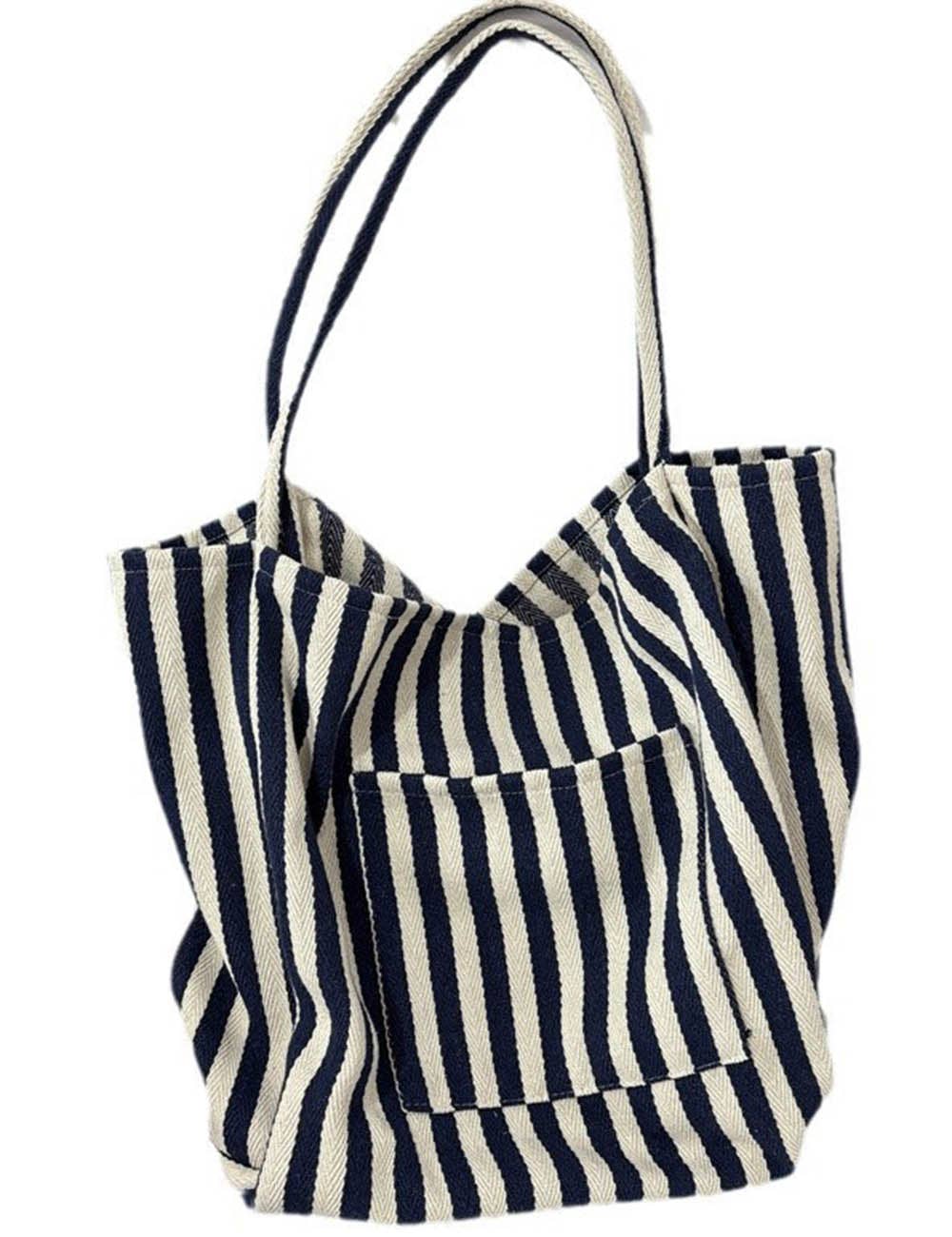 Sweetkama - Wholesale Tote Bag - Women's - Ladies Striped Double Pocket Large Capacity Canvas Tote Bag5