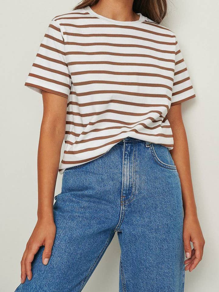 Round Neck Striped Loose Short Sleeves Top DP25B437 for wholesale by Dipped Shop