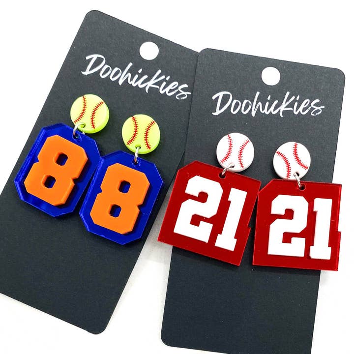 2" Layered Varsity Number Baseball & Softball Dangles - Sports Earrings for wholesale by Doohickies