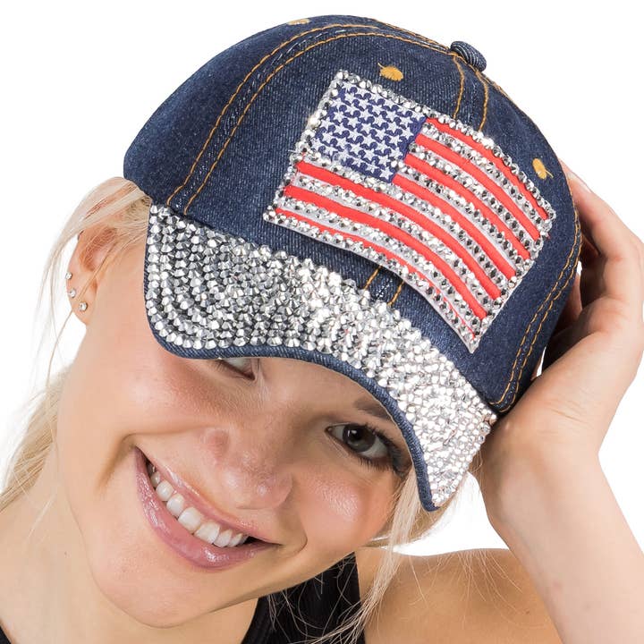 Cap Zone - Wholesale Baseball Cap - Women's - American Flag Bling Patch Denim Baseball Cap