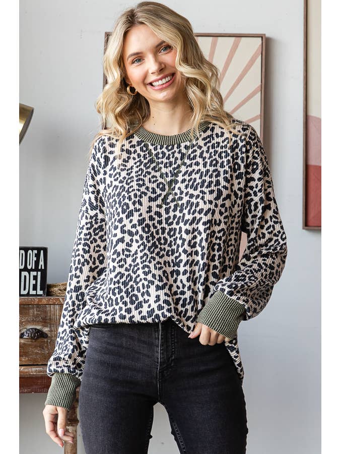 7th Ray - Wholesale Knit Top - Women's - Rib Animal Print Drop Shoulder V Seam Long Sleeve Top T5817