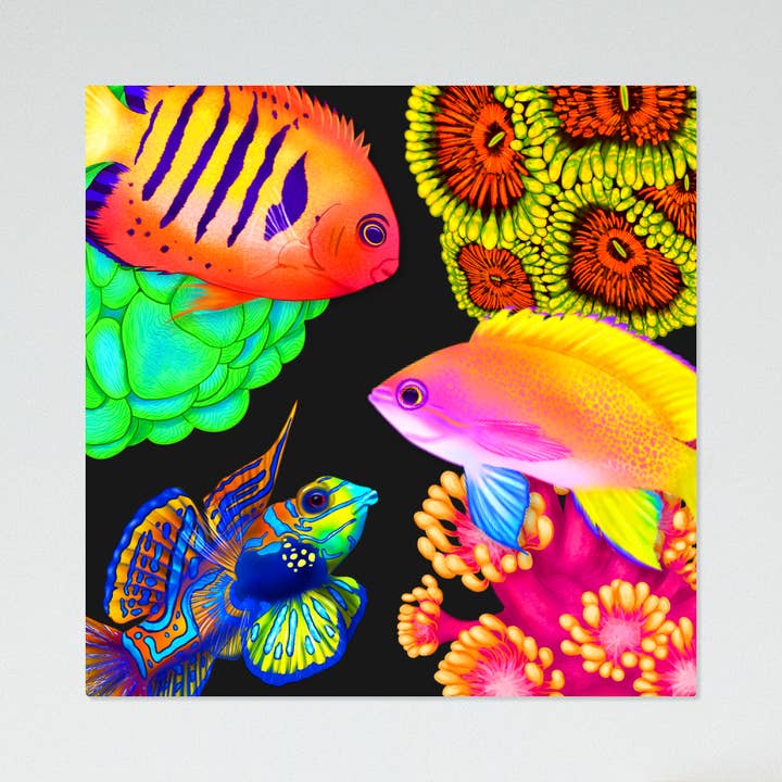 Fish and Corals UV Blacklight Tapestry for wholesale by Reef of Clowns