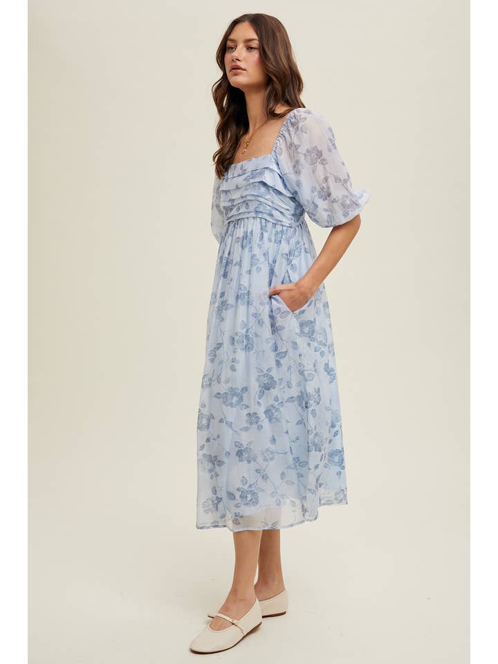 COMBO AZUL VESTIDO MIDI COM DETALHE DE BUSTO PLISSADO FLORAL/WL24-9358 para venda a revendedores na Faire1