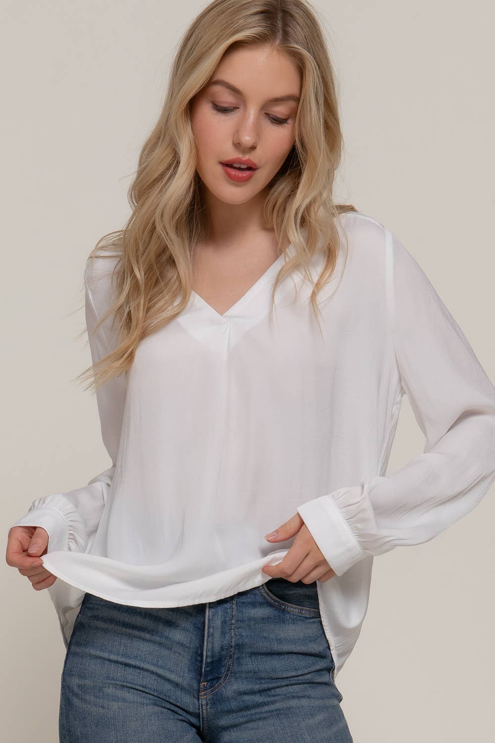 Active Basic | Active USA - Wholesale Blouse - Women's - Long Sleeve V-Neck with Pleats Satin Blouse6