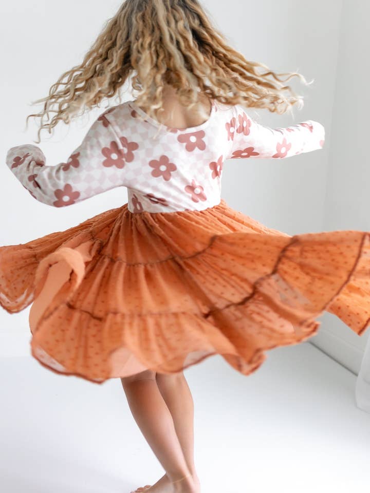 Kids Taupe Flower Check Print Swiss Dot Tulle Fall Dress for wholesale by Adorable Sweetness