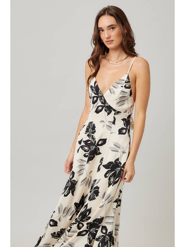 IVORY Fall Holiday Floral Printed Satin Open Back Maxi Dress for wholesale on Faire6